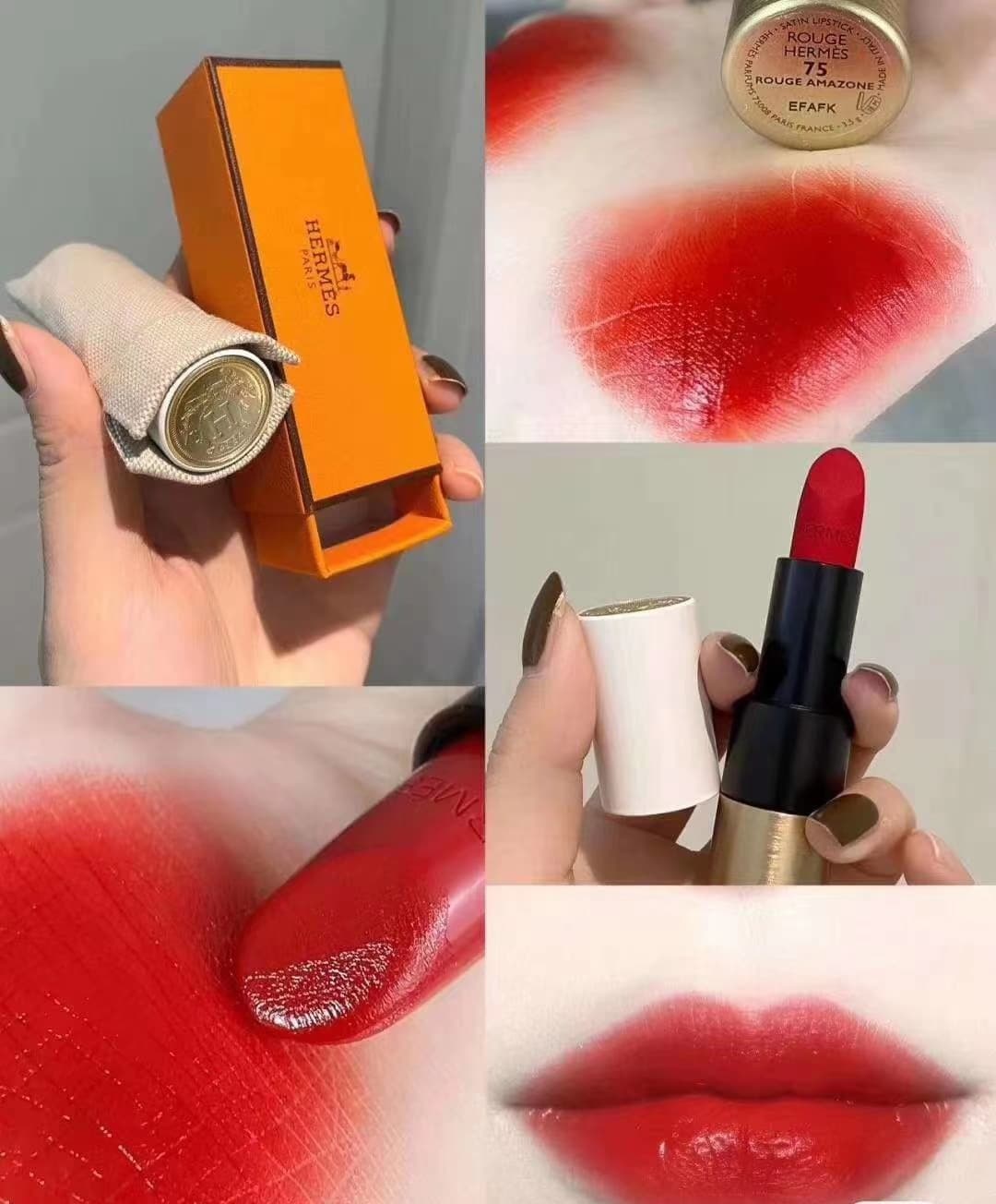 Hermes lipstick #75, this blood orange is so vibrant and summery! Such an excellent blood orange-red! 😍 It brightens and makes your skin look younger, no doubt about it! Not fluorescent! Suitable for all skin tones!