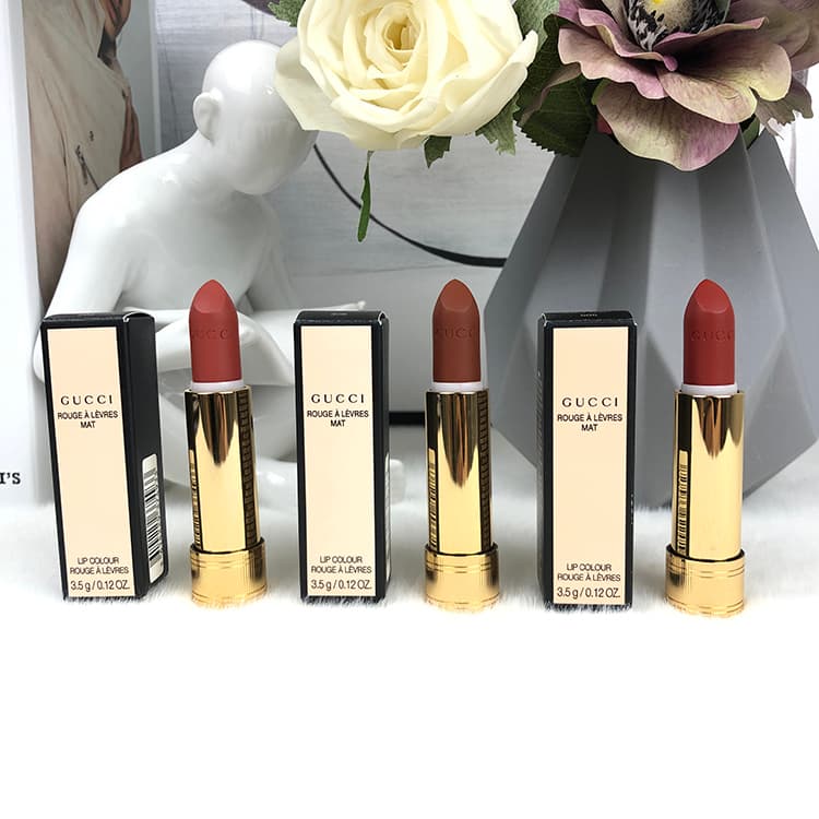 Gucci matte gold tube lipstick, boutique quality, in stock in the following shades: 308-208-25-204-210-500-501-502-504-505-506-509