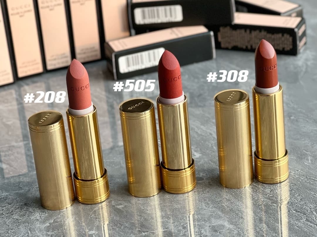 Gucci matte gold tube lipstick, boutique quality, in stock in the following shades: 308-208-25-204-210-500-501-502-504-505-506-509