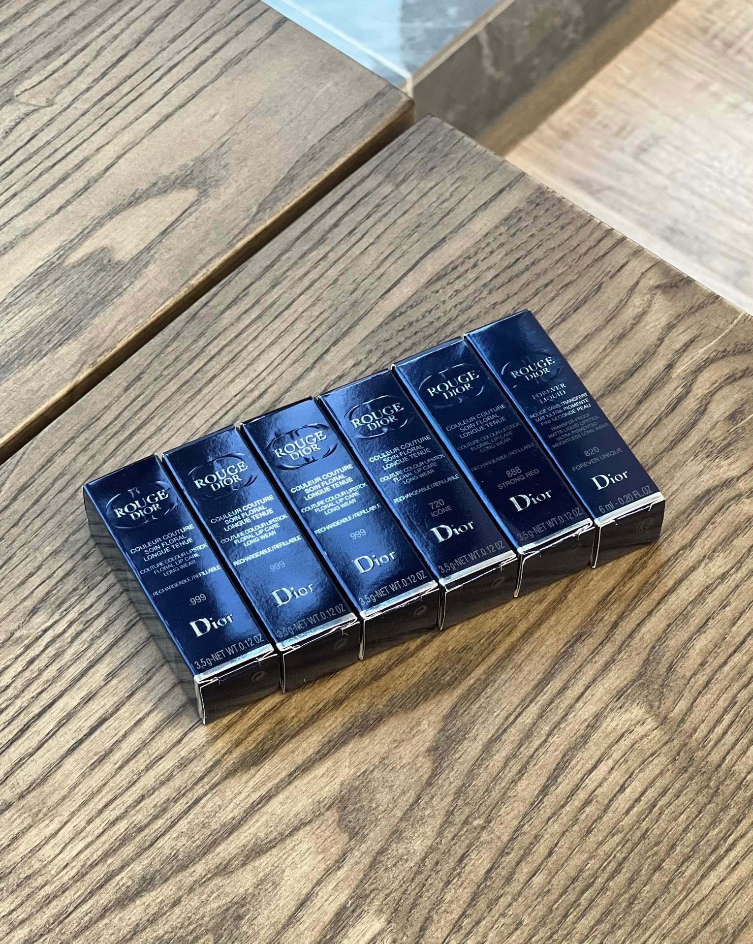 Dior Rouge Dior lipsticks in stock in the following shades: Shine: 999-849-520-080-028-959; Matte: 999-888-646-846-814-772-100-314-951-975; Velvet: 999-720-760-840-860-773-909-228-668